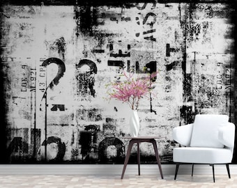 Abstract Grunge, Graffiti, Black and White Art, Cyber Wallpaper for Gaming Room, Peel and stick mural, Graffiti wall mural, Mural Wallpaper