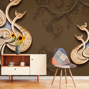 Brown & Gold Swan Wall Mural – Peel and Stick 3D Decorative Bird Wallpaper for Living Room or Bedrooms, Custom Removable Wallpapers Mural