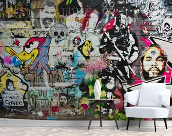 Colorful Funky Graffiti Wallpaper - Peel and Stick Urban Art Mural, Street Art Wall Decor for Teenager Bedroom, Funky Town Cartel Wall Style