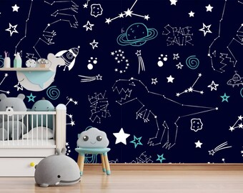 Customizable Hand-Drawn Wallaper, Space Dinosaur Pattern Wallpaper Mural, Perfect for Fun Playful Kids Room Decor, Non-woven wallpaper