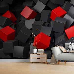 Carta da parati 3D con cubi neri e rossi, murale staccabile e attaccabile, murales 3D, carta da parati adesiva rimovibile, super realistica, murales di carta da parati scura, deco