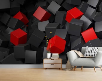 Black & Red Cubes 3d wallpaper peel and stick mural 3d wall murals removable wall paper sticker super realistic dark wallpaper murals deco