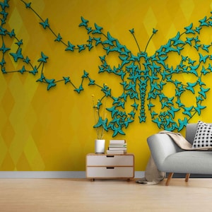 Bright Butterfly Bird Wallpaper Mural – Self Adhesive Yellow Wall Art with 3D Blue Bird – Peel and Stick Wallpaper for Kids Wall covering