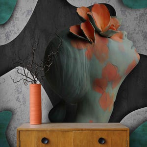 3D Abstract Woman Wall Mural – Artistic Face & Floral Head, Modern Wallpaper Peel and Stick Vinyl, Unique Wallpaper for Walls, Wall Covering