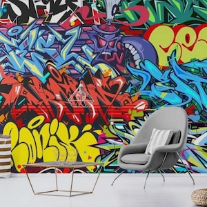 Colorful Graffiti Wallpaper Mural - Custom Street Art for Bedrooms or Gaming room, Self Adhesive VInyl Wall Covering - Graffiti Wall Mural