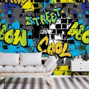 Cool Graffiti Wallpaper Peel and Stick Mural, Cartoon Wall paper decor, Urban Style - Customizable Graffiti Wall Murals for Teenager Bedroom