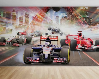 Race Car Wall Mural – Peel and Stick Wallpaper for Boys Room, Transport Theme Wall Art for Kids or Teens, Removable Racing Decor for Bedroom