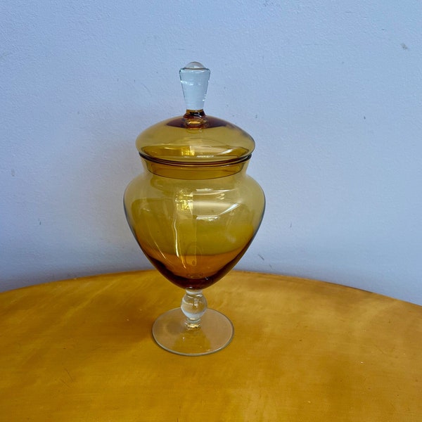 Vintage amberkleurige glazen pot met deksel c. Jaren 70