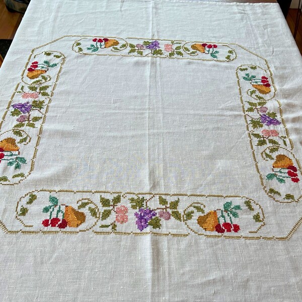Vintage linen tablecloth hand embroidered cream fruit and flower pattern cross stitch c.1960s