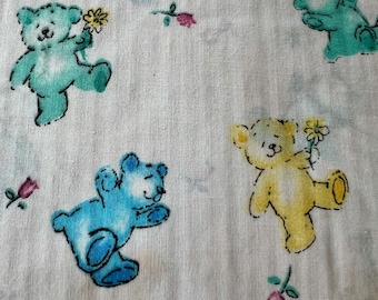 Adorable vintage cot sheets set cotton green blue yellow teddies on white c. 1970s