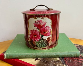 Vintage Hoadleys tin c. 1950s lidded with handle cactus flowers red and gold stripes