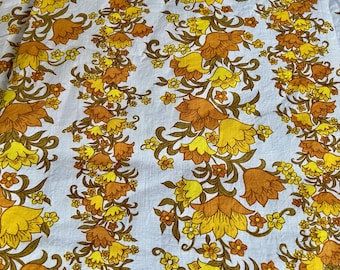 Vintage sheet single flat twin cotton yellow tan green white floral stripe c. 1970s