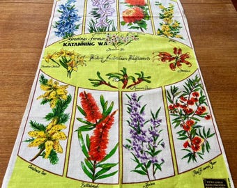 Vintage 1970s Linen Tea Towel: West Australian Wildflowers, Swan – Katanning Greetings