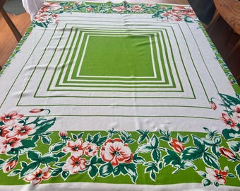 Vintage Tischdecke quadratisch mid century geometrisch floral grün orange und weiß