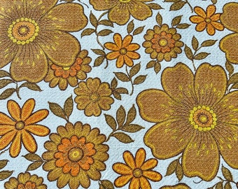 Fab vintage curtain barkcloth daisy pattern bold floral orange, yellow, tan and white c. 1960s