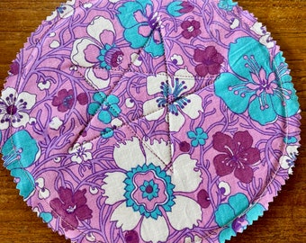 Vintage fabric heat pad trivet 1960s purple blue and white psychedelic floral fabric