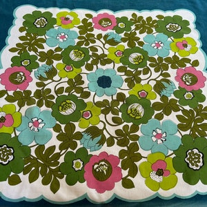 Fab vintage tablecloth square green, pink and blue psychedelic floral c. 1960s