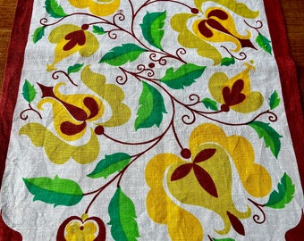 Vintage linen tea towel abstract floral tan green and yellow with tan border c. 1960s