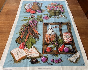 Paño de cocina de lino vintage: Naturaleza muerta, azul, rosa y verde, década de 1960.