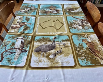 Vintage quadratische Tischdecke Australische Tiere und Landkarte c. 1970er Jahre