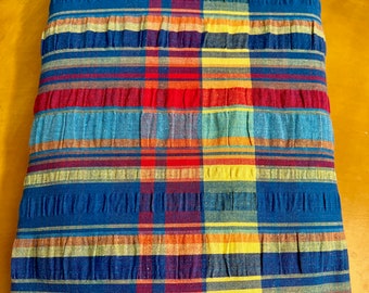 Vintage seersucker tablecloth square blue, red and yellow check 1970s