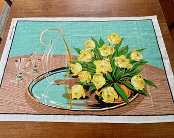 Vintage irländsk kökshandduk i linne, gula tulpaner, inflyttningspresent, ca 1960-talet