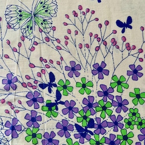 Vintage 70s floral flat bed sheet double full mauve green blue pink and white