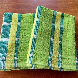 Vintage bath towel set of two green blue and yellow stripe c.1970s