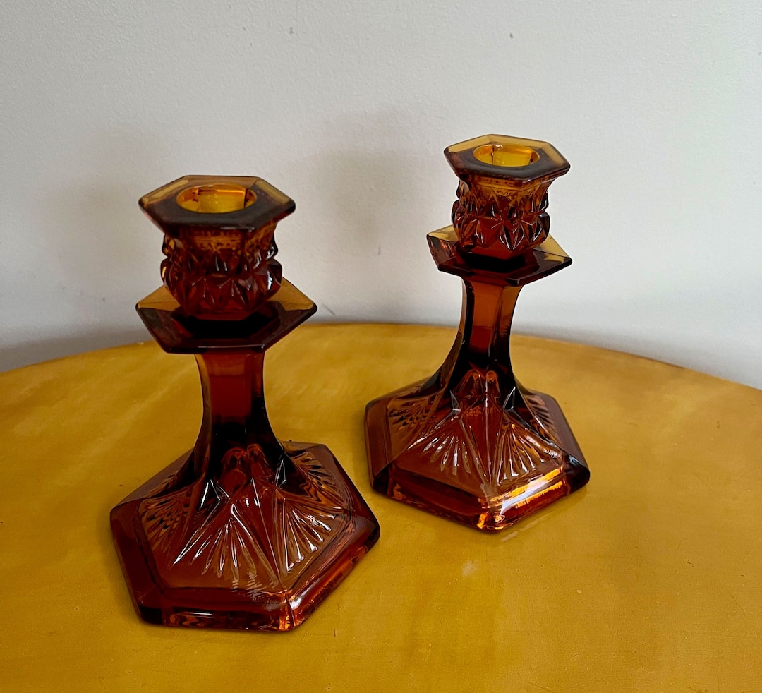Vintage Amber Glass Candlesticks Set of Two Etsy