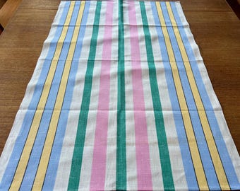 Paño de cocina vintage de lino de mediados de siglo con rayas rosas, amarillas, azules y verdes, década de 1950