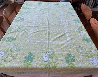 Vintage tablecloth rectangular cotton green blue and white floral c. 1970s
