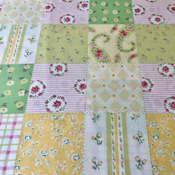 Retro vintage bed sheet very large faux patchwork soft yellow, green and pink, c. 1980s