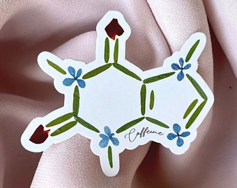 Caffeine Molecule Sticker for Coffee Lover, Science Sticker made with Pressed Flowers, Vinyl Decal, Laptop Sticker, Water Bottle Sticker