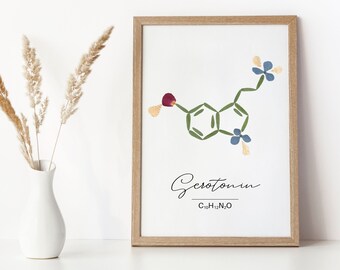Serotonin Molecule Pressed Flower Art Print, Therapy Office Decor