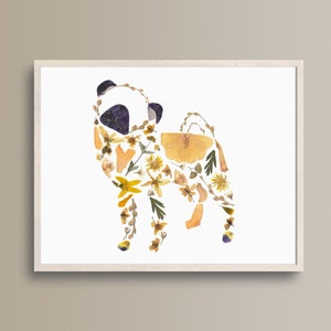 Pug Wall Art Print with Pressed Flower Design, Pressed Flower Art 8x10 or 5x7 Pet Portrait on Matte Photo Paper