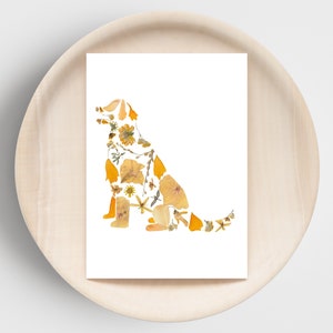 Tarjeta imprimible de Golden Retriever hecha con flores prensadas, tarjeta de condolencia para perros, tarjeta en blanco de 5x7