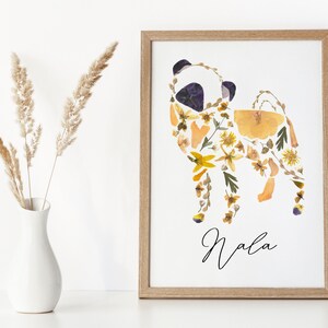 Personalized Pug Wall Art Print of Pressed Flowers, Pressed Flower Art 8x10 or 5x7 Pet Portrait on Matte Photo Paper