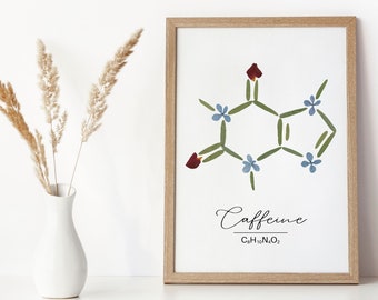 Pressed Flower Caffeine Molecule Art Print, Coffee Bar Decor