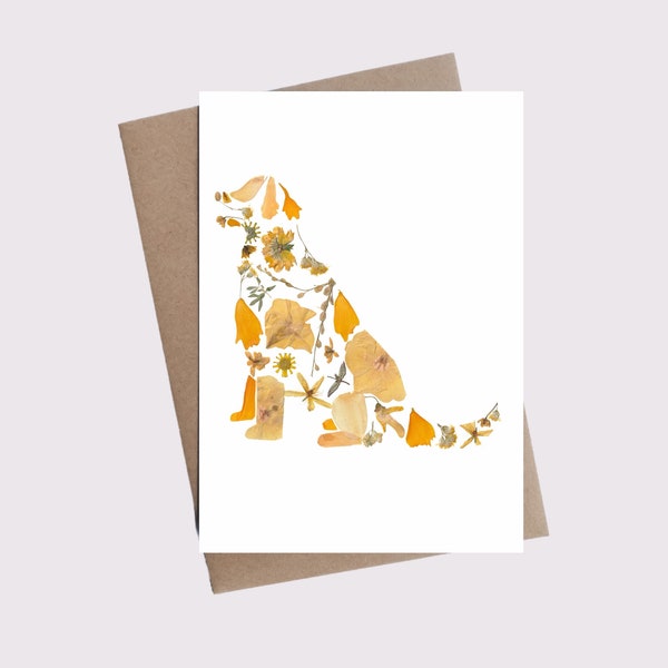 Golden Retriever Card made with Pressed Flowers, Dog Sympathy Card, Blank 5x7 Card with Kraft Envelope