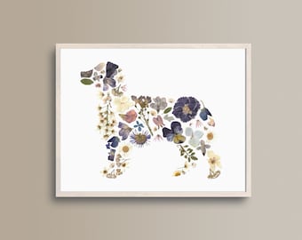 Australian Shepherd Pressed Flower Art Print, Aussie Dog Portrait
