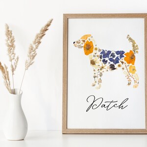 Personalized Beagle Wall Art Print Originally Made with Pressed Flowers, Pressed Flower Art 8x10 or 5x7 Pet Portrait on Matte Photo Paper
