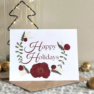 Jeu de cartes Joyeuses fêtes, 1, 5 ou 10 cartes de Noël avec impression de fleurs pressées, intérieur vierge de 5 x 7 po. avec enveloppes kraft