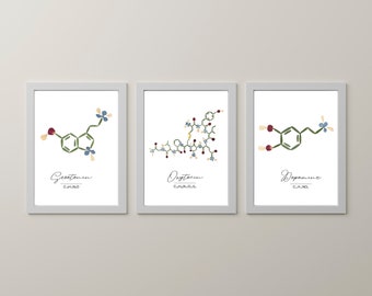 Set of 3 Serotonin, Oxytocin and Dopamine Office Wall Art, Molecule Prints of Pressed Flowers, Therapy Office Decor, Mental Health Prints