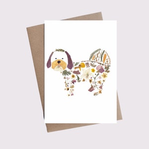 Carte Shih Tzu avec fleurs pressées, carte de sympathie pour chien, carte vierge 5 x 7 avec enveloppe kraft