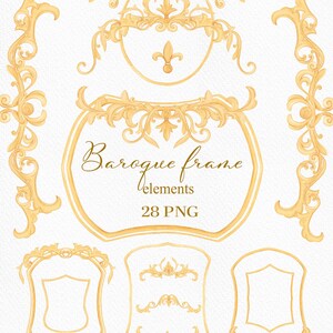 May include: Watercolor illustration of various gold baroque frame elements. The image includes ornate frames, borders, and decorative flourishes. The text "Baroque frame elements 28 PNG" is also present.