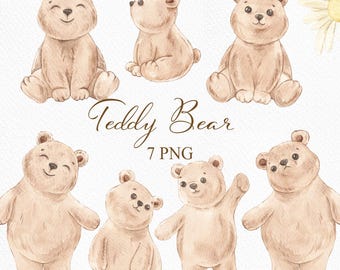 Watercolor Teddy Bear Clipart: Vintage Nursery Decor (7 PNG, Digital Download)