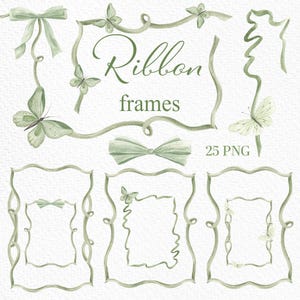 Clipart con cornice a fiocco Coquette, Cornici a fiocco acquerellate, Bordi con nastri vintage, Inviti di nozze, Baby shower, Cornici con fiocco verde, Fiocchi, Nastri PNG