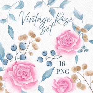 Blozen rozen, roos clipart, aquarel rozen, blauwe bladeren, roze rozen, bruiloft, zacht, roze rozen en bladeren clipart, bloemsamenstelling