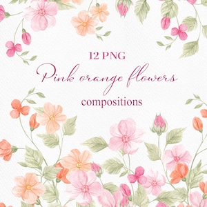 May include: Watercolor floral composition featuring pink and orange flowers with green leaves. The image includes the text "12 PNG Pink orange flowers compositions" in a decorative font, ideal for digital art or design projects.