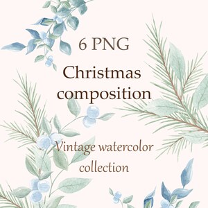 Wintermotive, Blumenkranz, Aquarell Blumenkomposition. Winterliche Kompositionen. Vintage Aquarell. Clip Art, Dekor, Postkarten.Rote Beeren